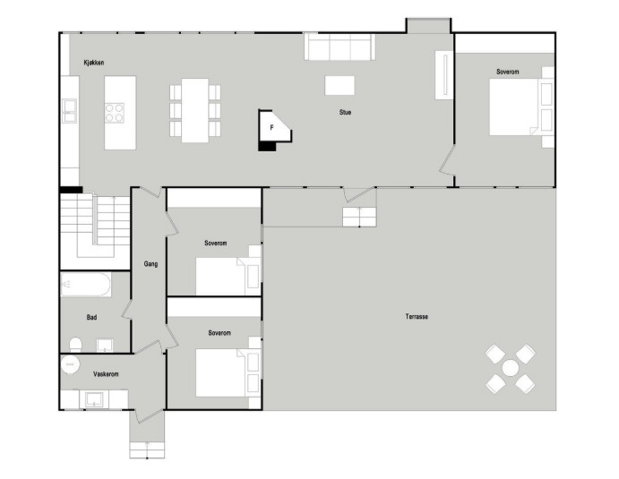 Andre etasje med stue/kjøkken, tre soverom, bad og vaskerom. Det er peis i stua og direkte adkomst til terrasse og hage.
